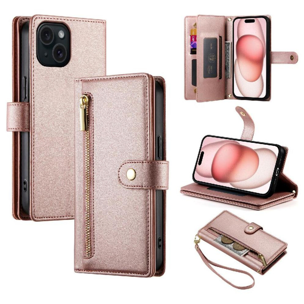 (Pink) Flip Case For Iphone 15 Kickstand Wrist Strap Wallet Compartment Multifunctional Card Slots Pink 764762776213