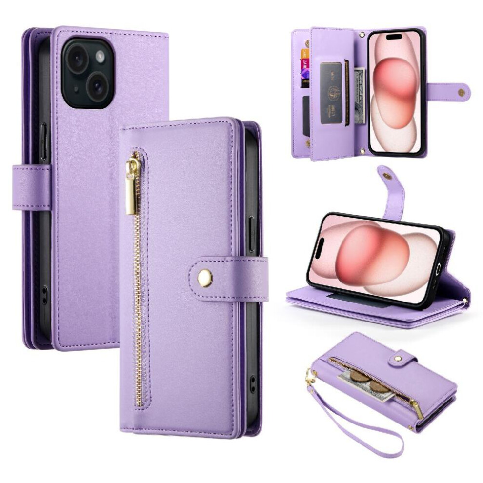 (Purple) Flip Case For Iphone 15 Kickstand Wrist Strap Wallet Compartment Multifunctional Card Slots Purple 764762776237