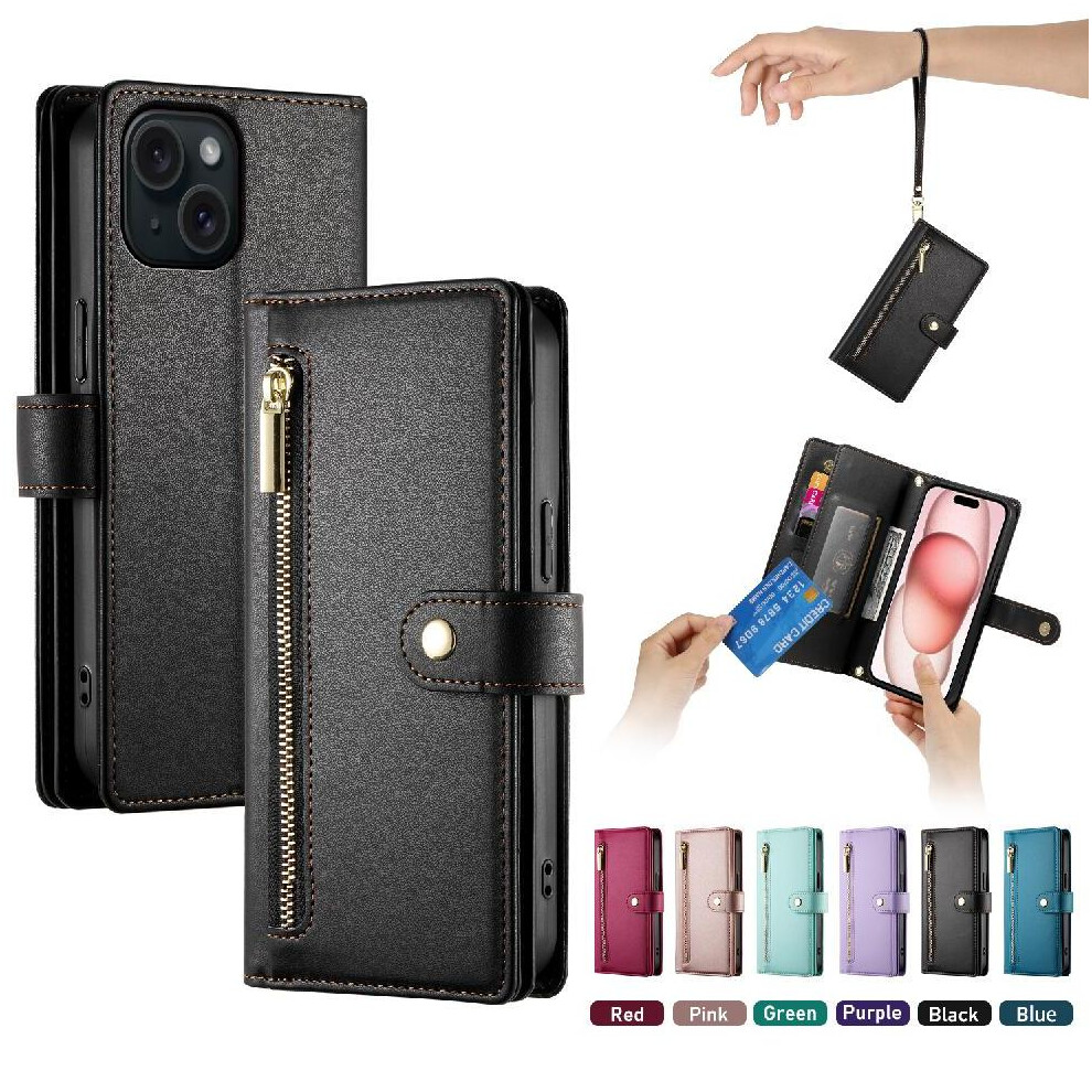 (Black) Flip Case For Iphone 15 Kickstand Wrist Strap Wallet Compartment Multifunctional Card Slots Black 764762776244