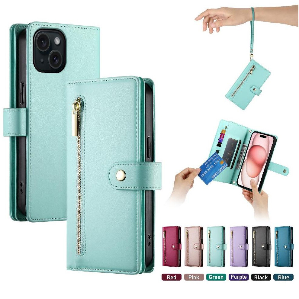 (Green) Flip Case For Iphone 15 Kickstand Wrist Strap Wallet Compartment Multifunctional Card Slots Green 764762776220