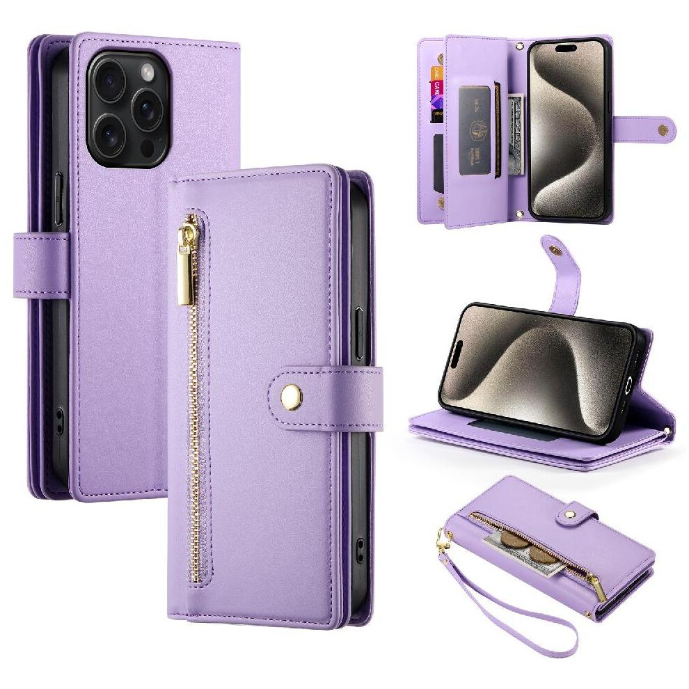 (Purple) Flip Case For Iphone 15 Pro Max Wrist Strap Kickstand Multifunctional Card Slots Wallet Compartment Purple 764762776411