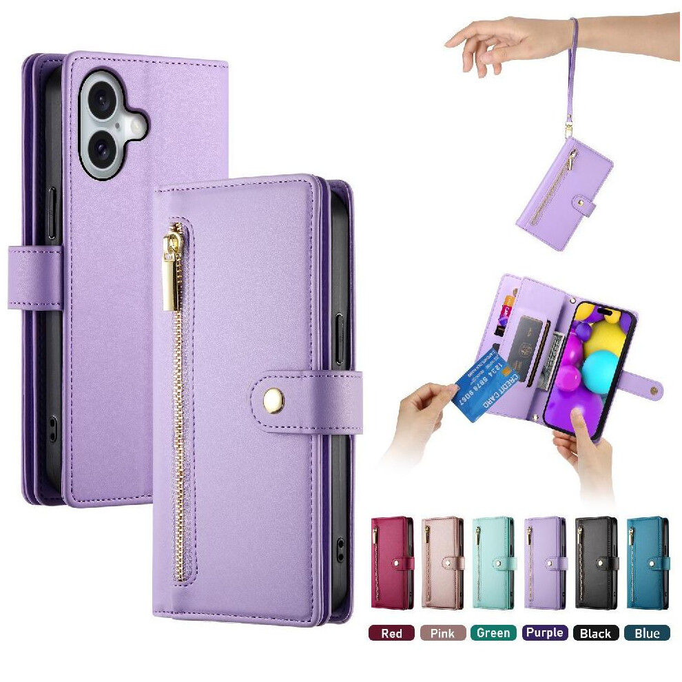 (Purple) Flip Case For Iphone 16 Wrist Strap Wallet Compartment Kickstand Multifunctional Card Slots Purple 764762776473