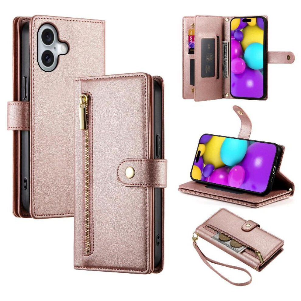 (Pink) Flip Case For Iphone 16 Wrist Strap Wallet Compartment Kickstand Multifunctional Card Slots Pink 764762776459