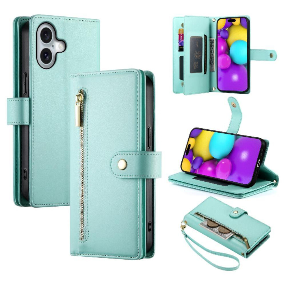 (Green) Flip Case For Iphone 16 Wrist Strap Wallet Compartment Kickstand Multifunctional Card Slots Green 764762776466