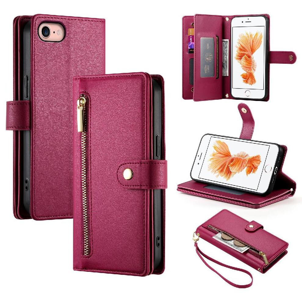 (Red) Flip Case For Iphone 6 Kickstand Wrist Strap Wallet Compartment Multifunctional Card Slots Red 764762776671