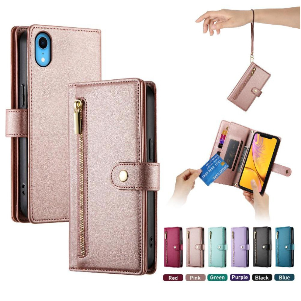 (Pink) Flip Case For Iphone Xr Kickstand Multifunctional Card Slots Wallet Compartment Wrist Strap Pink 764762776923