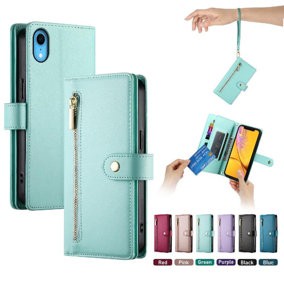 (Green) Flip Case For Iphone Xr Kickstand Multifunctional Card Slots Wallet Compartment Wrist Strap Green 764762776930