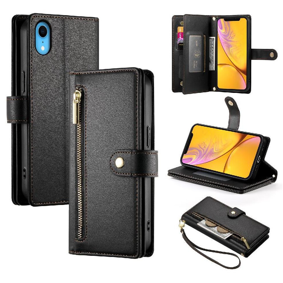 (Black) Flip Case For Iphone Xr Kickstand Multifunctional Card Slots Wallet Compartment Wrist Strap Black 764762776954