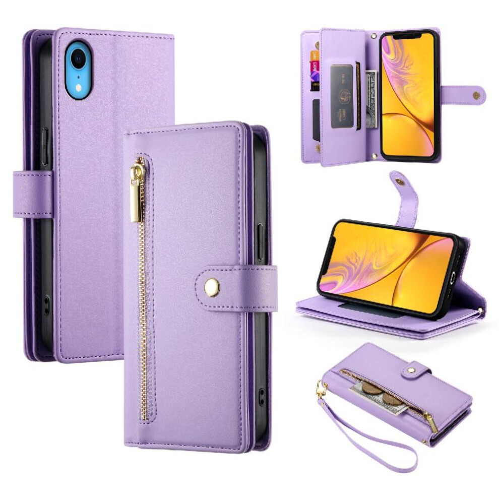 (Purple) Flip Case For Iphone Xr Kickstand Multifunctional Card Slots Wallet Compartment Wrist Strap Purple 764762776947