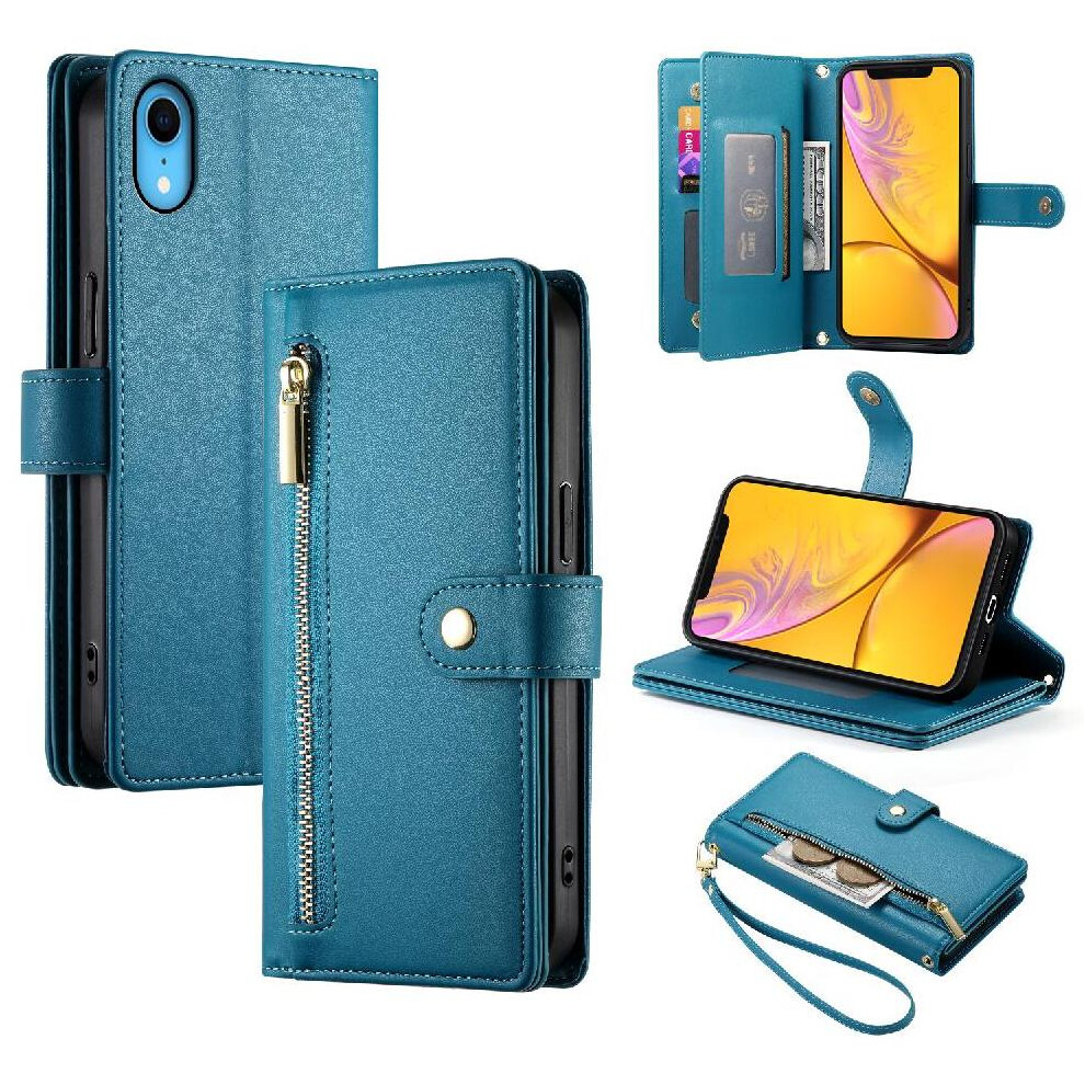 (Blue) Flip Case For Iphone Xr Kickstand Multifunctional Card Slots Wallet Compartment Wrist Strap Blue 764762776961
