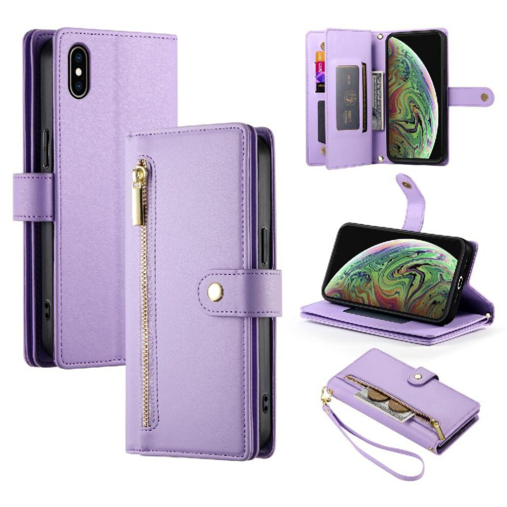 (Purple) Flip Case For Iphone Xs Max Kickstand Multifunctional Card Slots Wallet Compartment Wrist Strap Purple 764762777005