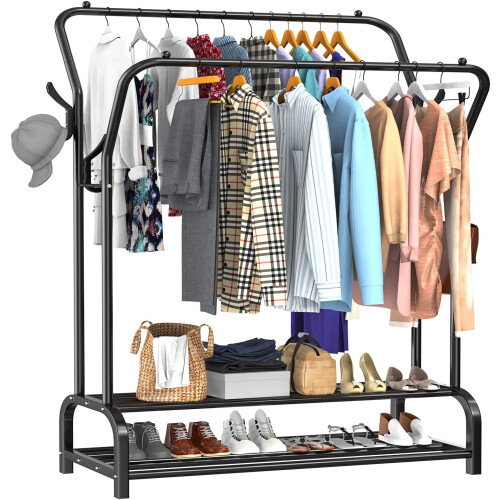 (Black) Clothes Rail, Heavy Duty Metal Coat Stand, Free Standing Clothes Rack Shoes Rack, Minimalism Double-Rail Clothing Sturdy Durable Garment Rack