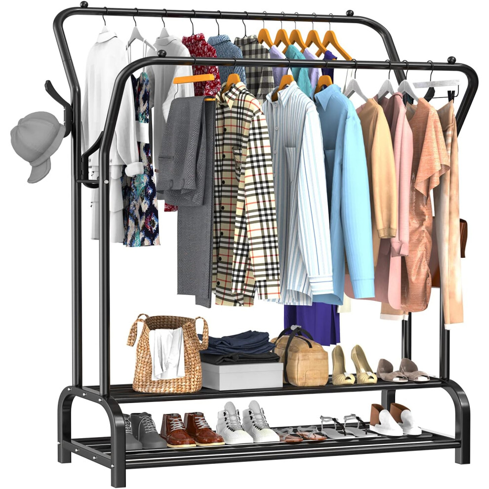 (Black) Clothes Rail, Heavy Duty Metal Coat Stand, Free Standing Clothes Rack Shoes Rack, Minimalism Double-Rail Clothing Sturdy Durable Garment Rack