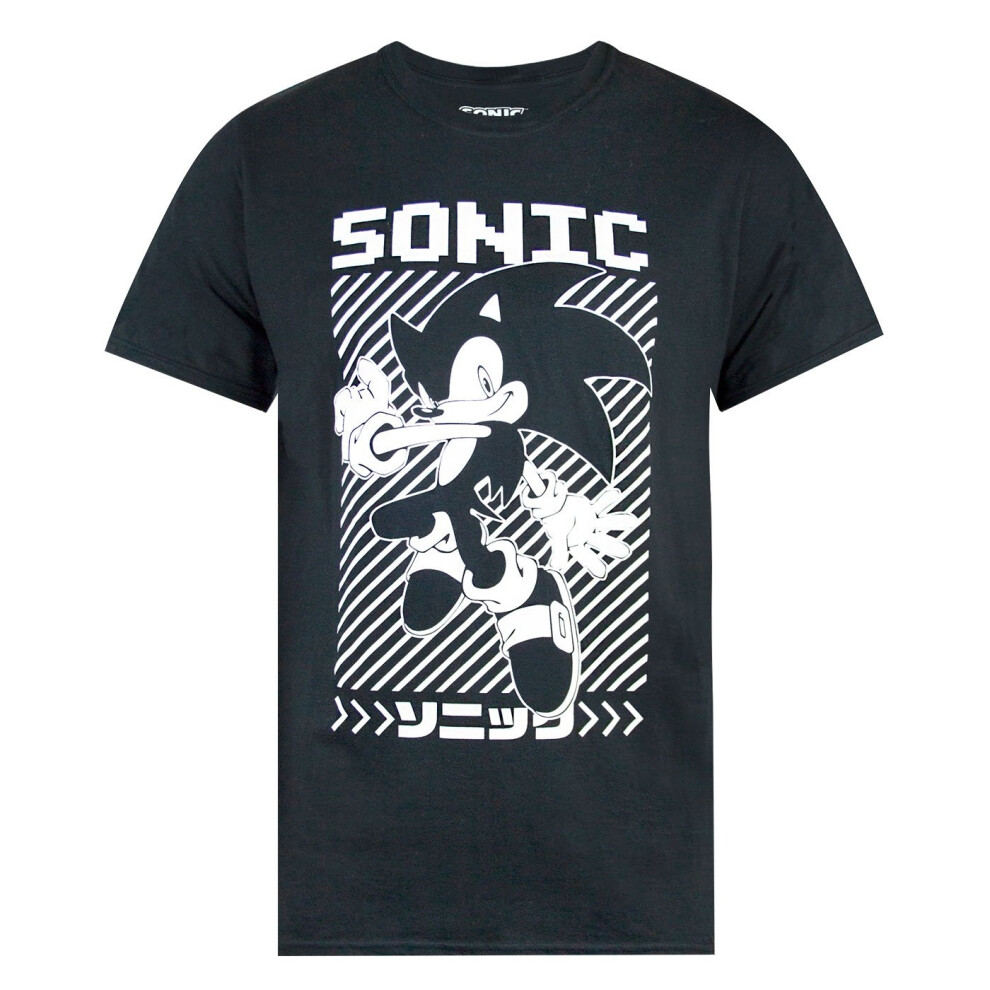 (L, Black) Sonic The Hedgehog Mens Japanese Poster T-Shirt