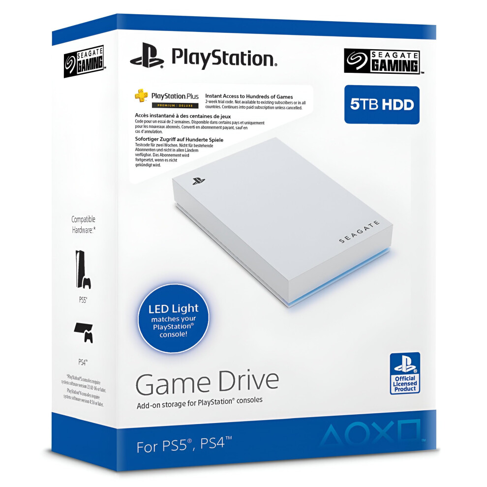 Seagate Game Drive for PS4/PS5, 5 TB, External HDD, USB 3.0, Officially Licensed, Blue LED, incl 2 weeks Playstation+ (STLV5000202)