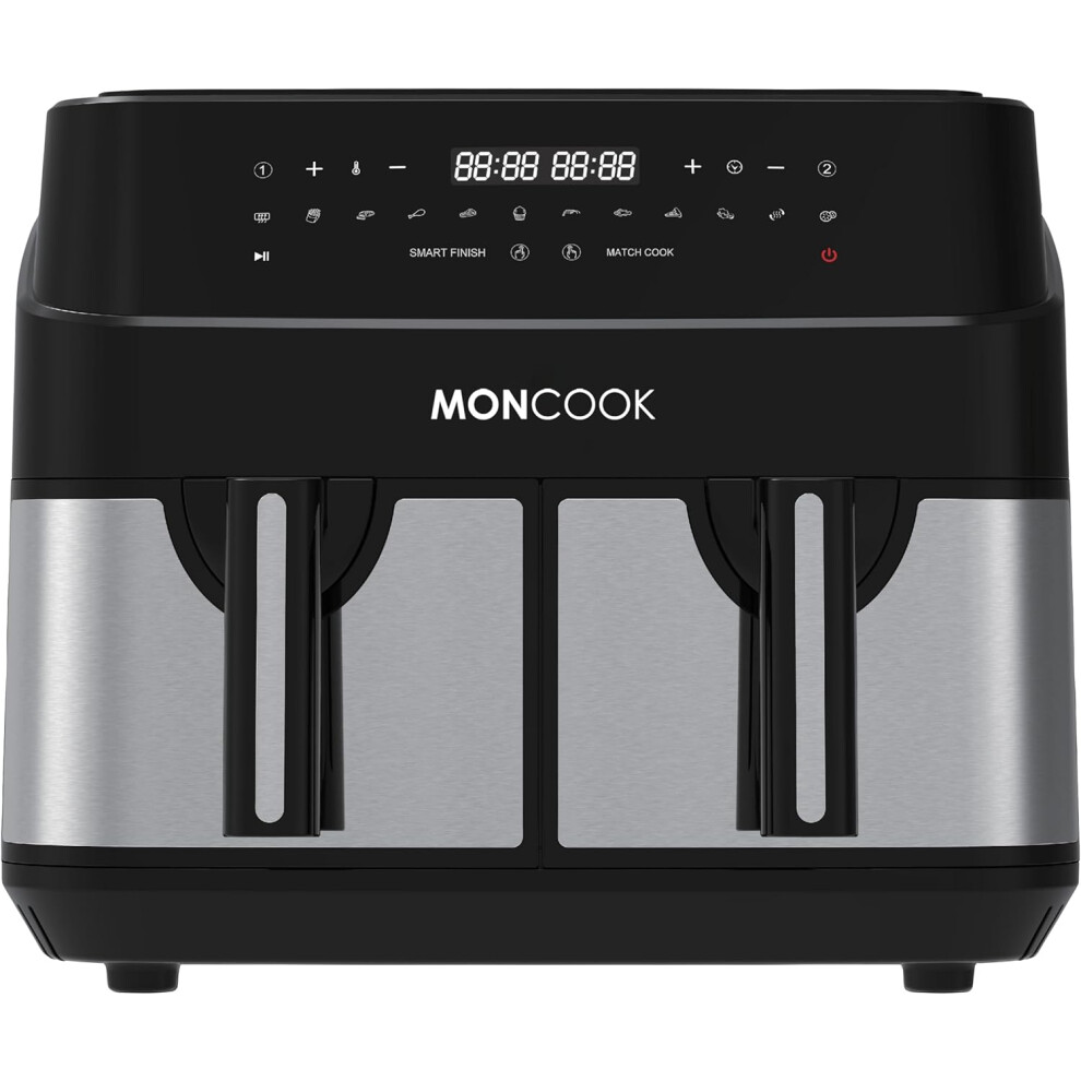 (10L, Stainless Steel) Double Air Fryer - 2 In 1 Airfryer 9L With 2 x 4.5L Baskets - 50 Recipe Cookbook - Smart Finish Function - Digital LED Display
