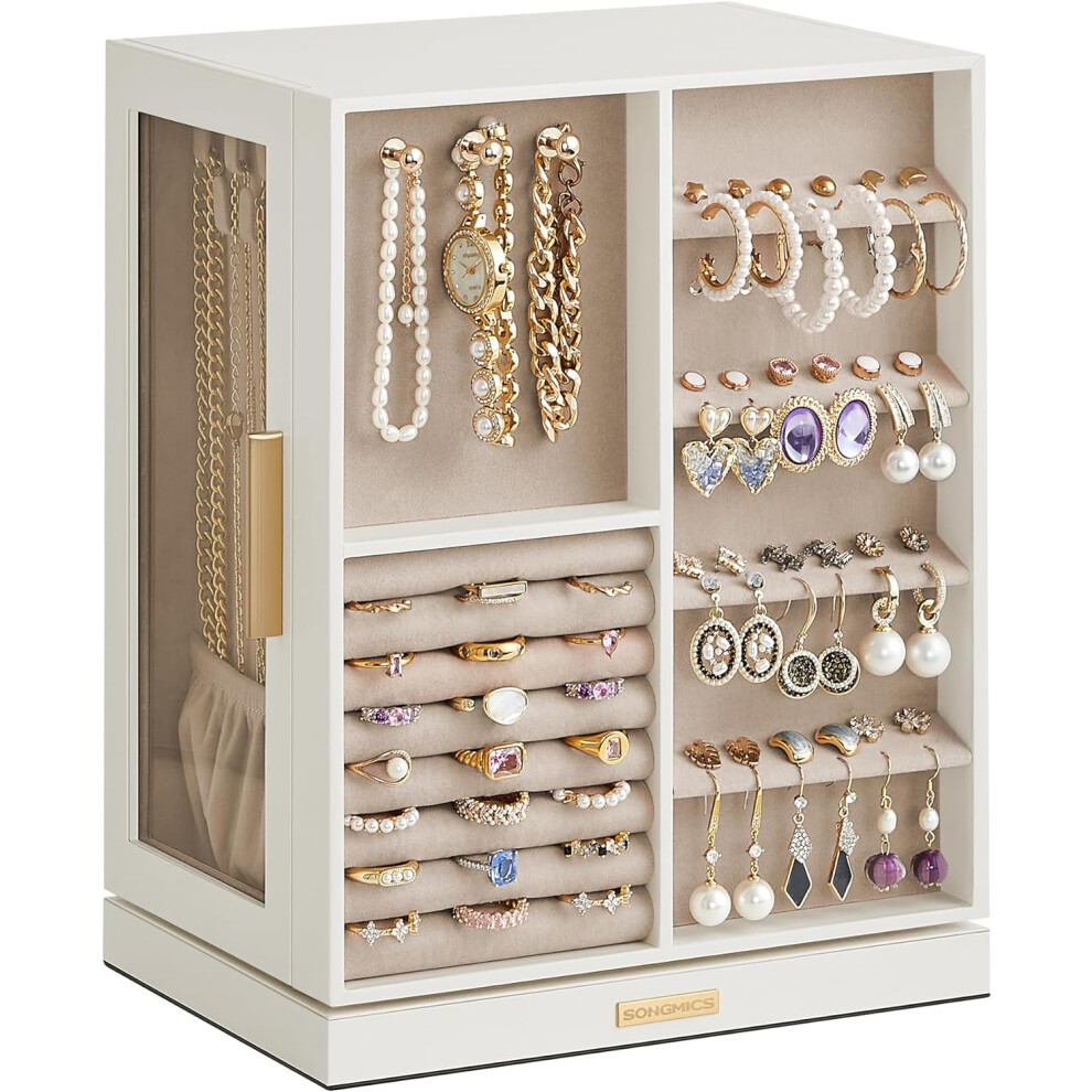 (16D x 22.2W x 28.5H cm, Cloud White) Jewellery Box 360 Rotating, Jewellery Organiser with 5 Drawers, Jewellery Display Case, Glass Window, Spacious, Vertical Jewellery Storage,