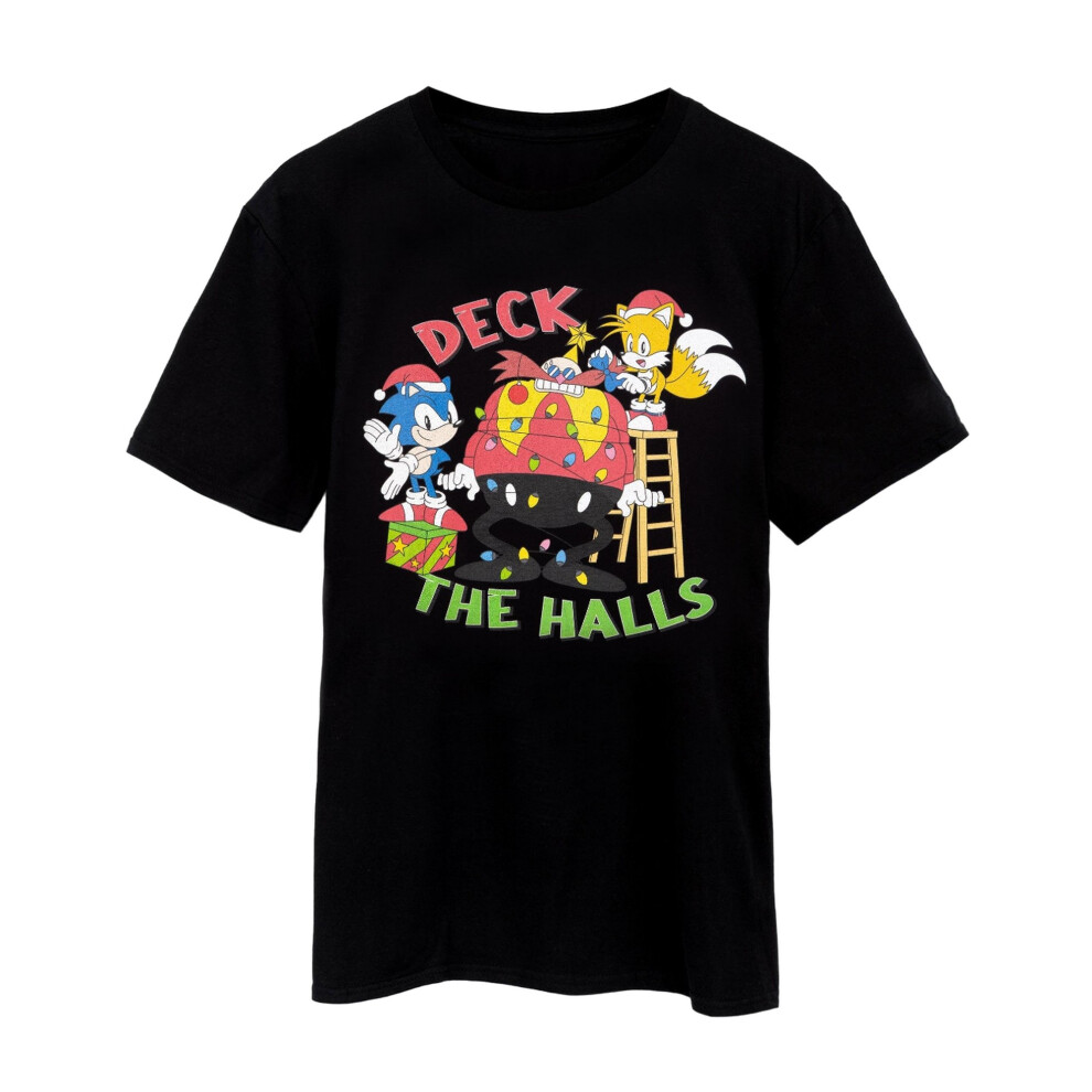 (XL, Black) Sonic The Hedgehog Mens Deck The Halls Christmas T-Shirt