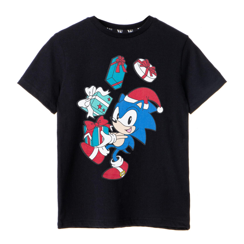 (3-4 Years, Black) Sonic The Hedgehog Boys Present Short-Sleeved Christmas T-Shirt