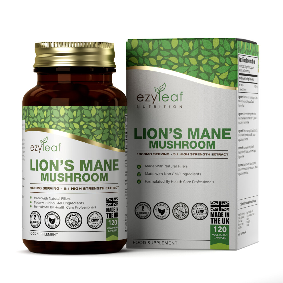 Ezyleaf Lions Mane Mushroom 500mg 120 Veg Capsules