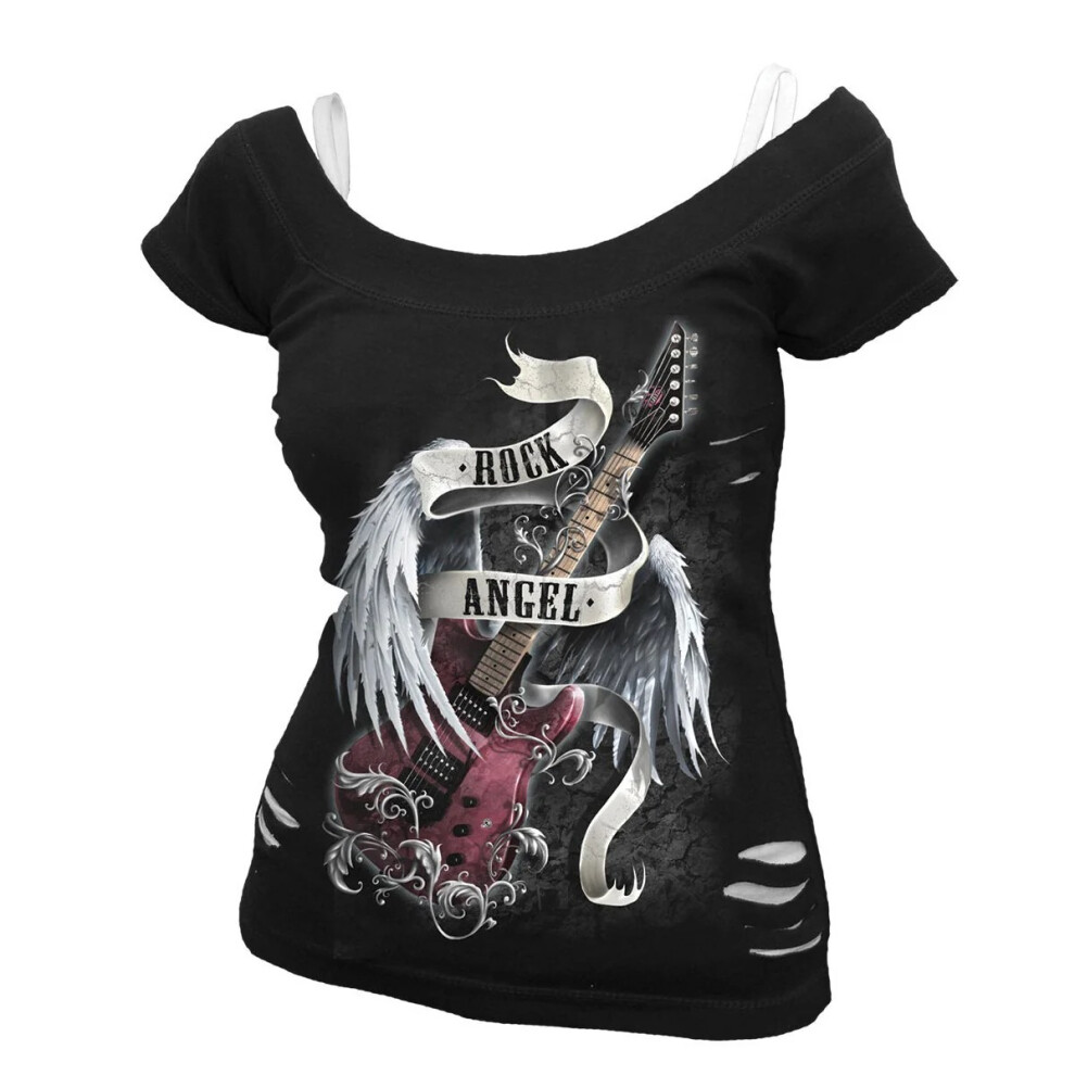 (XXL, Black) Spiral Direct Womens/Ladies Rock Angel Ripped 2 in 1 T-Shirt