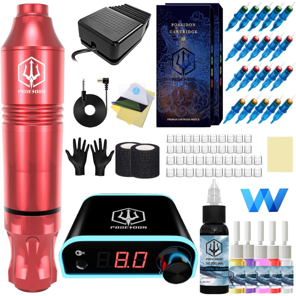 (TK019) Tattoo Kit POSEIDON Rotary Tattoo Pen Kit for Beginners Tattoo Machine Kit with Power Supply and 20 Pcs Tattoo Cartridge Needles, 6 Color Tattoo Inks