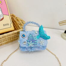 (Dark Blue) Delightful Mermaid Pu Handbag 2024 Summer Pearl Cartoon Bag For Kids Daily Style