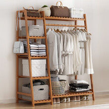 Brown Bamboo Bedroom Garment Clothes Rack with Shelves,110cm L