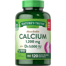 Nature's Truth Absorbable Calcium 1200mg Plus with Vitamin D3 5000 IU|120 Quick Release Softgels|Calcium Carbonate Supplement|Non-GMO, Gluten Free