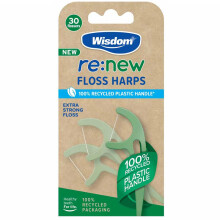 Wisdom Re:New Floss Harps - 1 Pack of 30, Extra-Strong Floss for Small Spaces, Recycled Plastic Handle