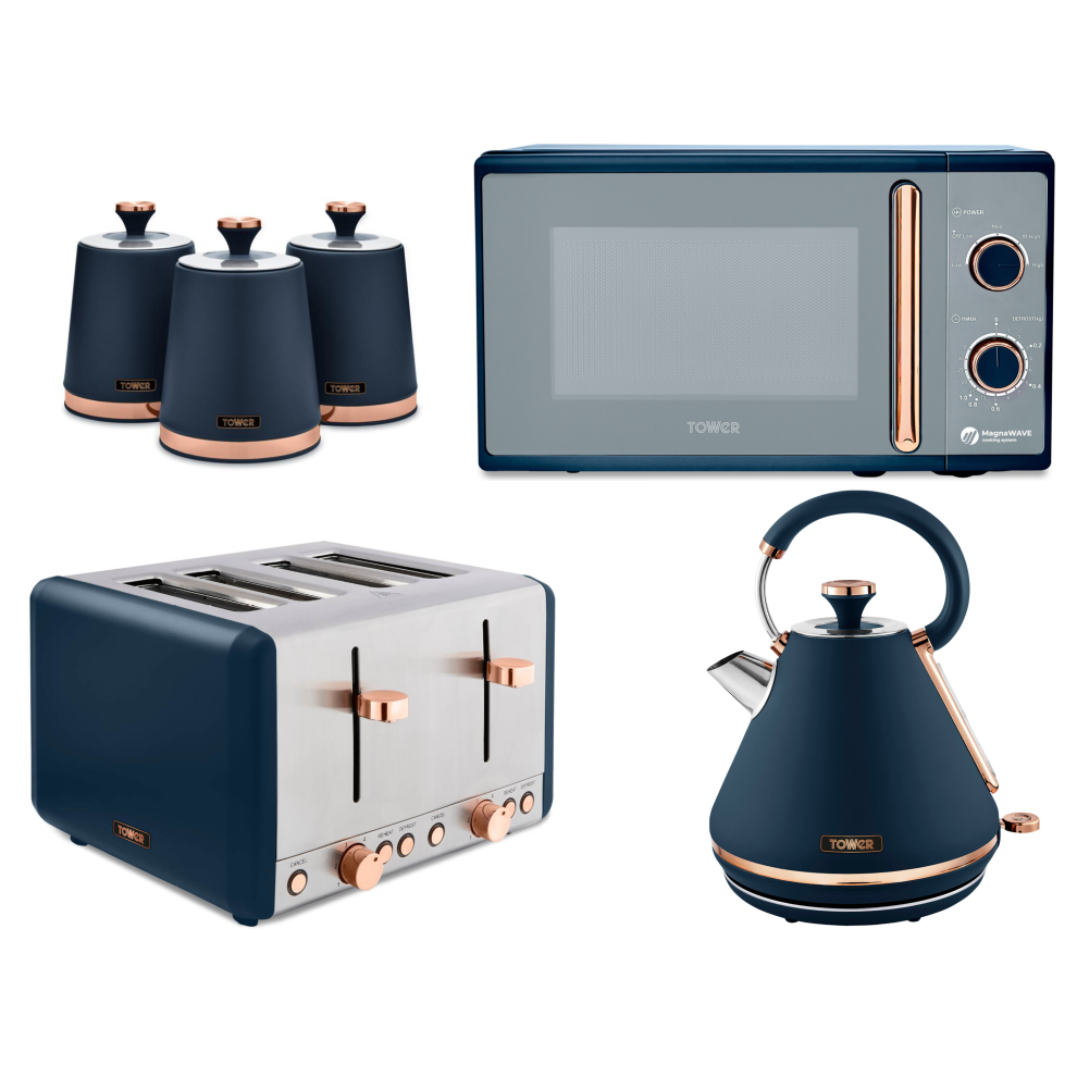 Tower Cavaletto Blue Kettle 4 Slice Toaster Microwave & Canisters Set