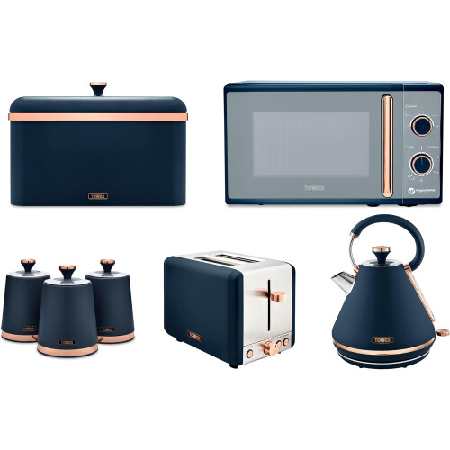 Tower Tower Cavaletto  Blue Kettle Toaster Microwave Breadbin Canisters Set