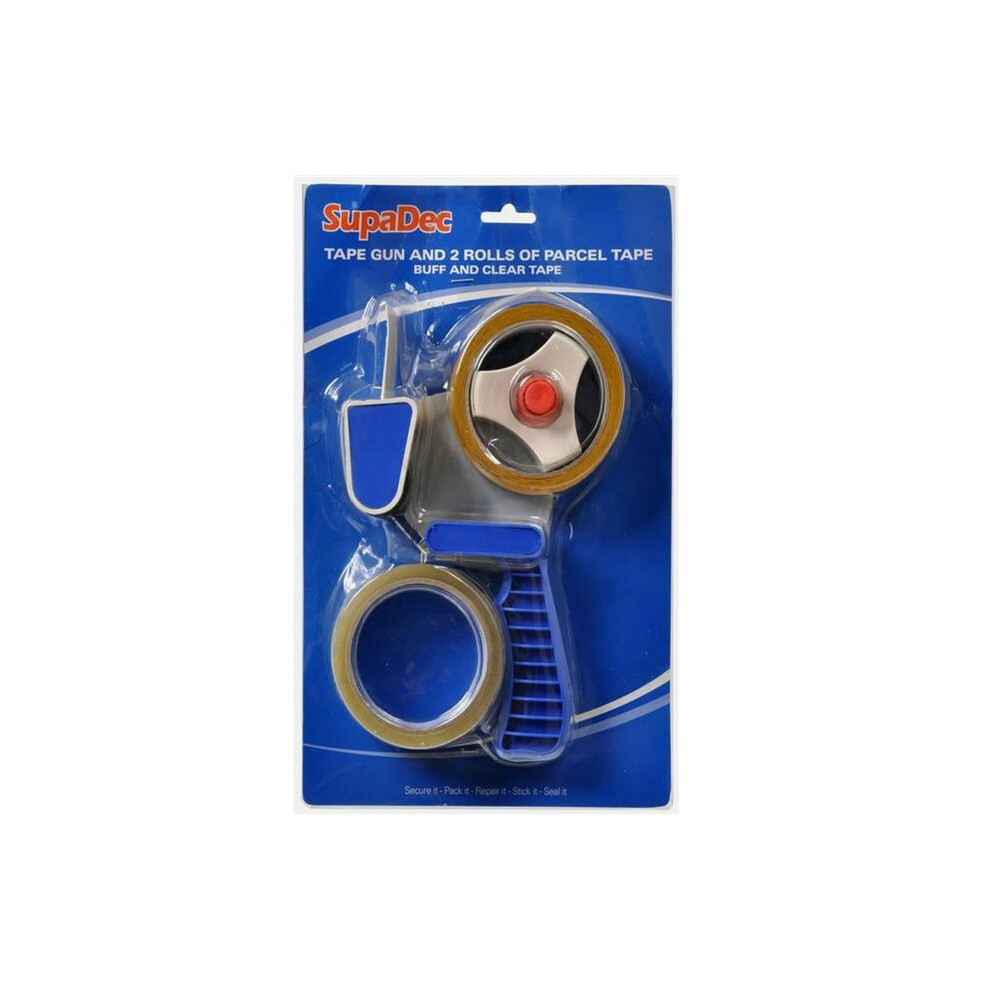 SupaDec Tape Gun & 2 Rolls Parcel Tape Dispenser Buff Clear