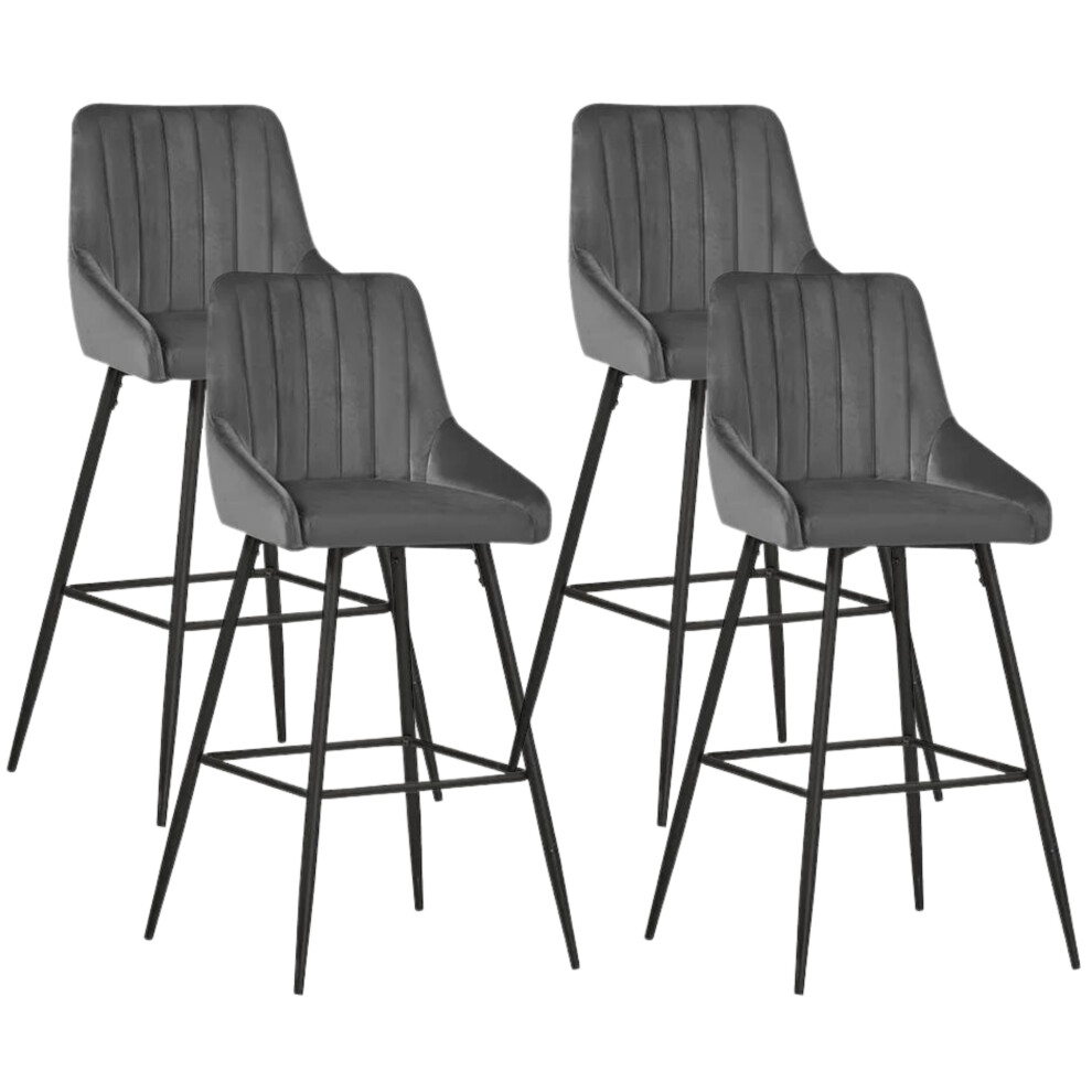 (Grey, Set of 4) Bar Stools 60cm Height Velvet Seat & Black Steel Frame With Footrest Base
