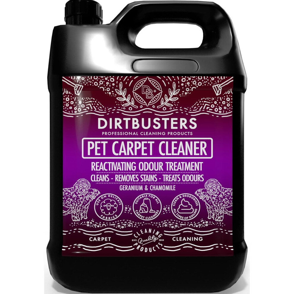 Dirtbusters Pet Carpet Cleaner Shampoo, Cleaning Solution For Odour, Urine & Stains, Geranium & Chamomile (5L)