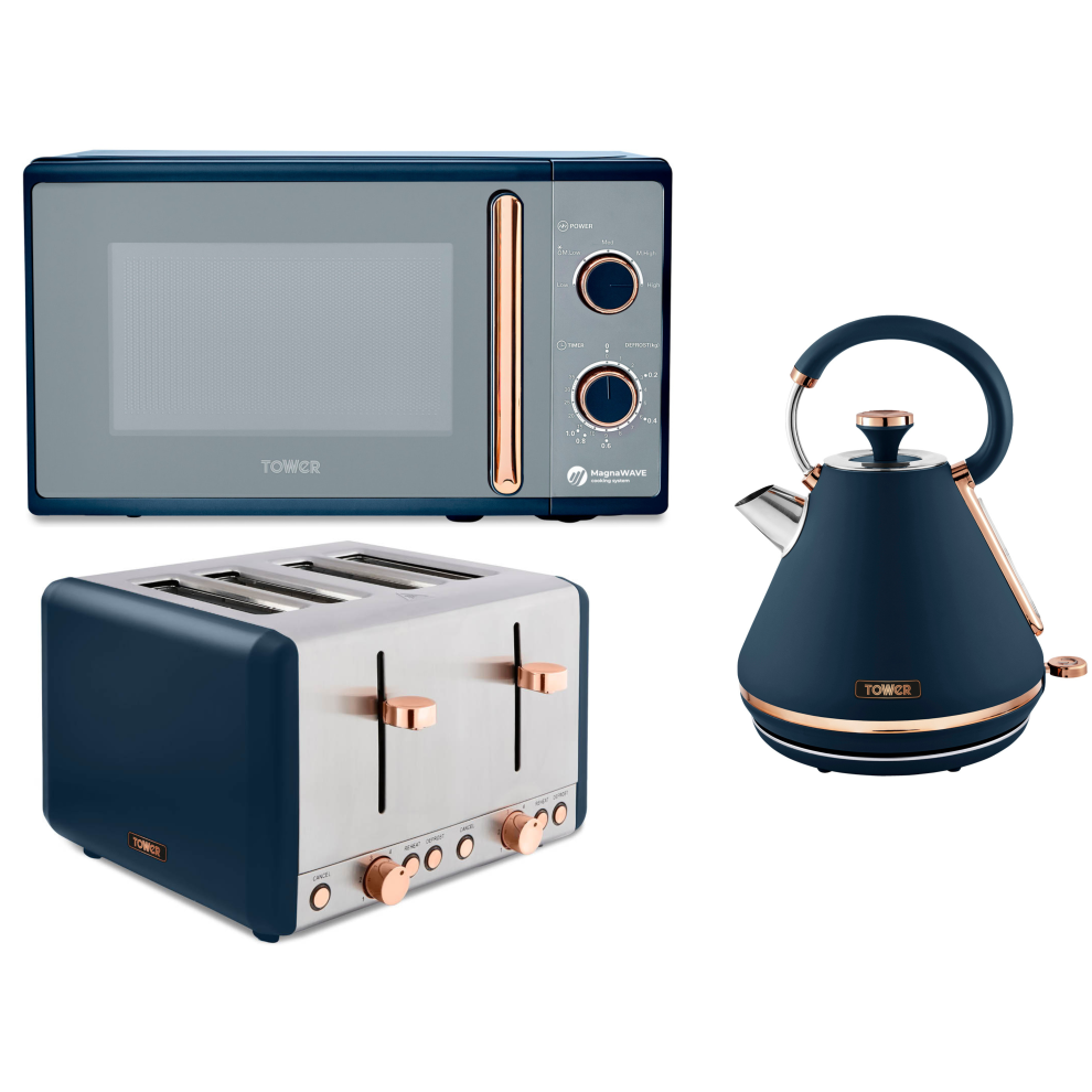 Tower Cavaletto Pyramid Kettle 4 Slice Toaster & Microwave Set In Blue