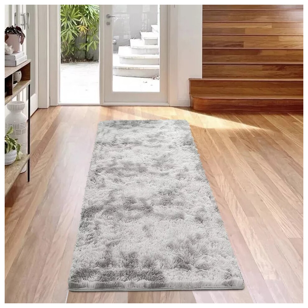 (80 cm x 300 cm (2ft 6" x 10ft)-Large Runner, Tye Dye Light Grey) Anti-Slip Super Soft Mat Living Room Bedroom Carpet Rug