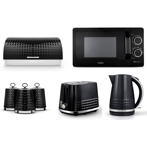 Tower Tower Solitaire Black Kettle Toaster T24042BLK Microwave & Storage Set