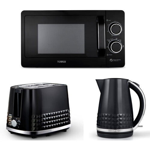 Tower Tower Solitaire Black Kettle 2 Slice Toaster & T24042BLK 20L Microwave