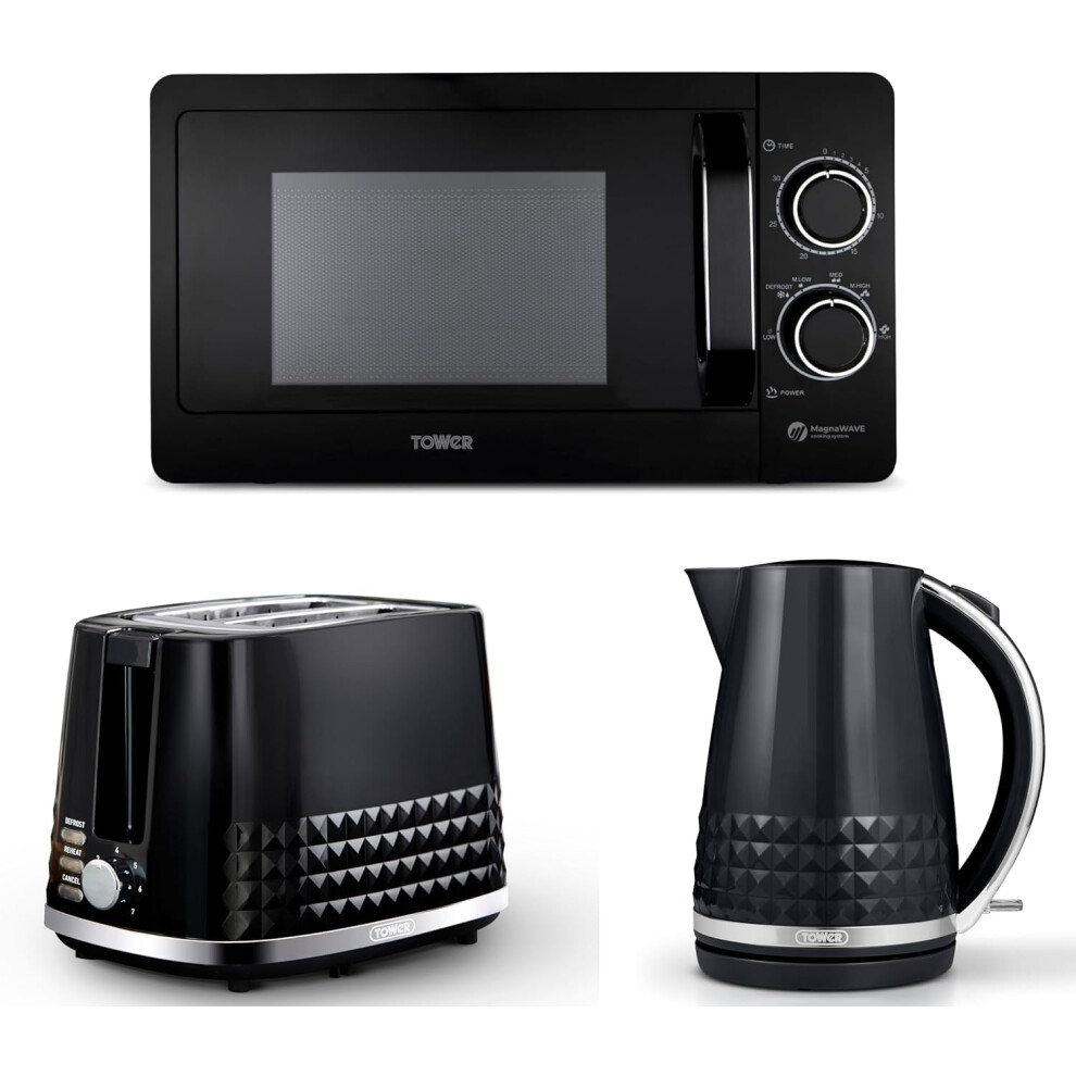 Tower Solitaire Black Kettle 2 Slice Toaster & T24042BLK 20L Microwave