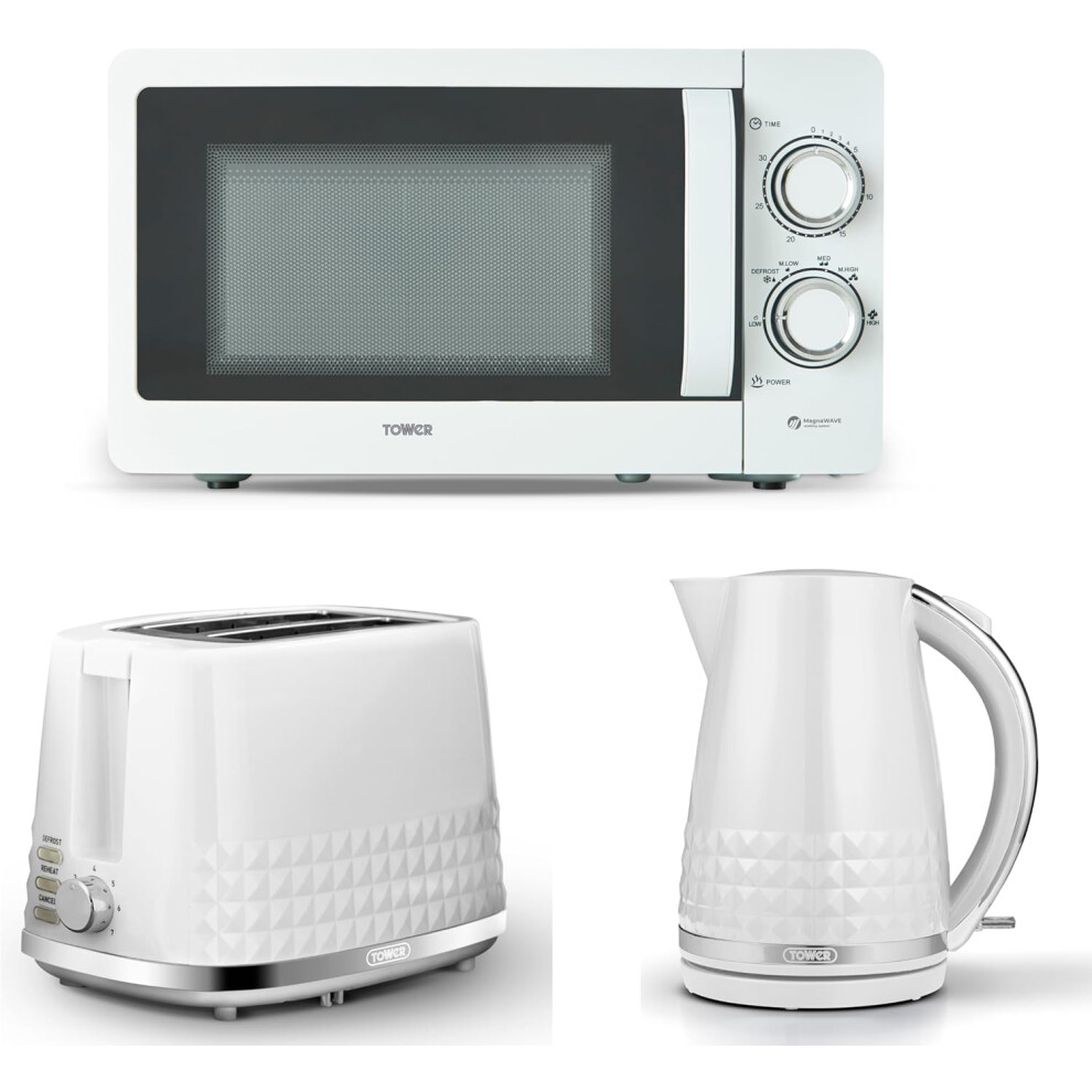 Tower Solitaire White Kettle 2 Slice Toaster & T24042WHT Microwave Set