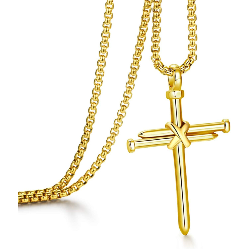 Tiger Electronics Inc. Tiger Electronics Tiger (Nail Gold Cross) Cross Necklace For Men Cross Pendant Strength Bible Verse Stainless Steel Necklace