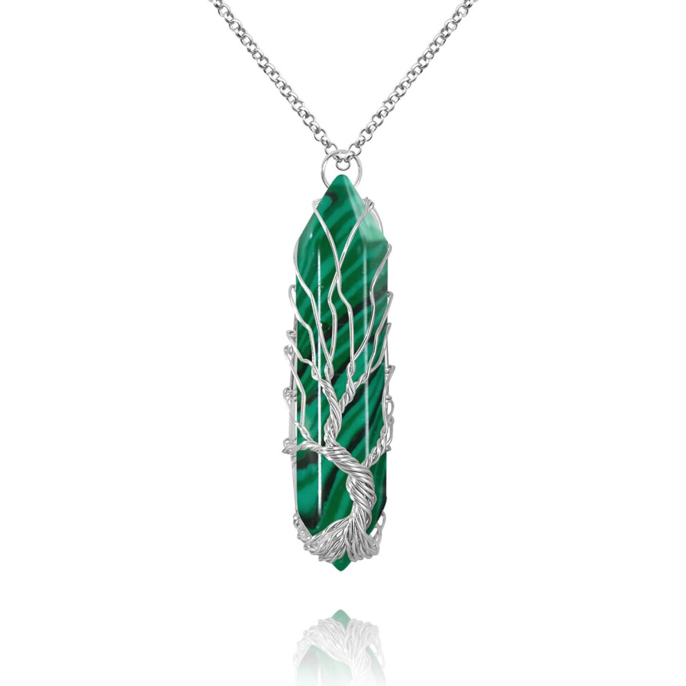 (Malachite Silver) Healing Crystal Necklace Tree of Life Wire Wrapped Natural Stone Point Pendant Necklace Hexagonal Reiki Spiritual Quartz Gemstone Jewelry for Women M