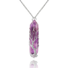 (Amethyst Silver) Healing Crystal Necklace Tree of Life Wire Wrapped Natural Stone Point Pendant Necklace Hexagonal Reiki Spiritual Quartz Gemstone Jewelry for Women M