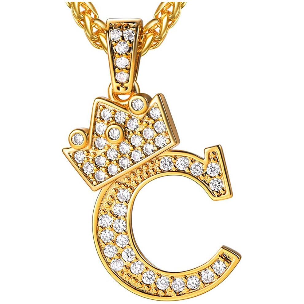 (C 18K Gold) Crown Initial A-Z Necklace, Iced Out Letter Pendant with 22-24 Inch Chain, Men Women Bling Hip Hop Alphabet Name Jewelry Gift Big Initials Necklaces