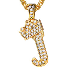 (J 18K Gold) Crown Initial A-Z Necklace, Iced Out Letter Pendant with 22-24 Inch Chain, Men Women Bling Hip Hop Alphabet Name Jewelry Gift Big Initials Necklaces