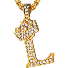 (L 18K Gold) Crown Initial A-Z Necklace, Iced Out Letter Pendant with 22-24 Inch Chain, Men Women Bling Hip Hop Alphabet Name Jewelry Gift Big Initials Necklaces