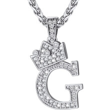 (G Silver) Crown Initial A-Z Necklace, Iced Out Letter Pendant with 22-24 Inch Chain, Men Women Bling Hip Hop Alphabet Name Jewelry Gift Big Initials Necklaces