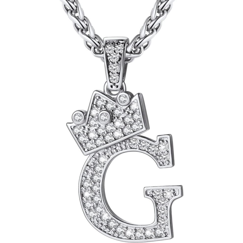 Tiger Electronics Inc. Tiger Electronics Tiger (G Silver) Crown Initial A-Z Necklace, Iced Out Letter Pendant With 22-24 Inch Chain, Men Women Bling Hip Hop Alphabet Name Jewelry Gift Big Initials