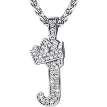 (J Silver) Crown Initial A-Z Necklace, Iced Out Letter Pendant with 22-24 Inch Chain, Men Women Bling Hip Hop Alphabet Name Jewelry Gift Big Initials Necklaces